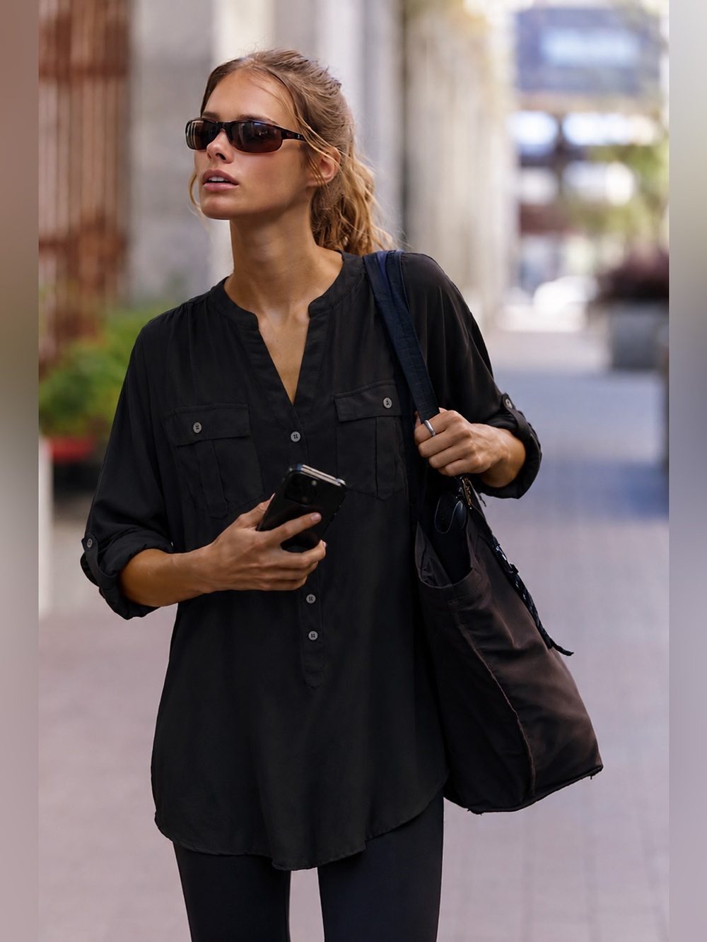 Acrobat XS 100% Silk Black Tunic Blouse Utility Pocket Roll Tab Shirt
